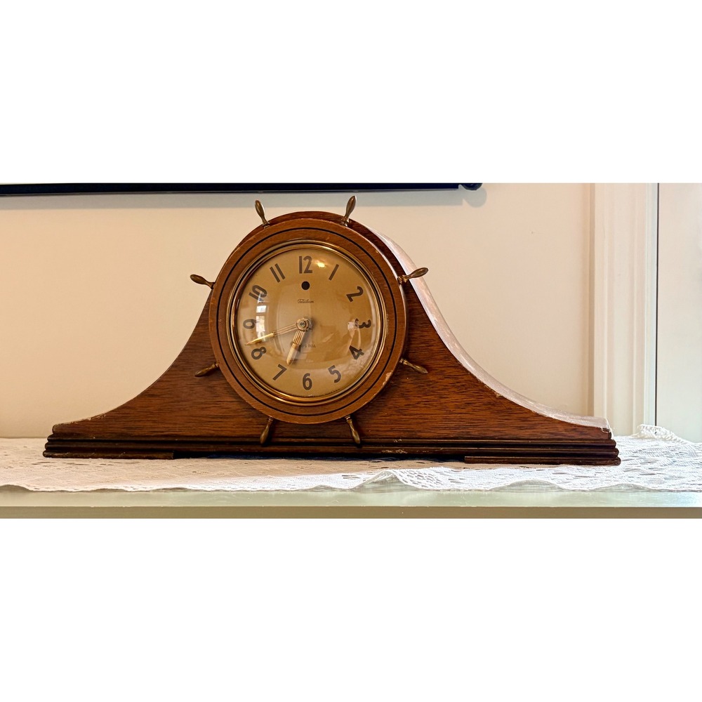 Vintage Telechron Ships Bell Wood Mantel Clock Nautical Ship Wheel